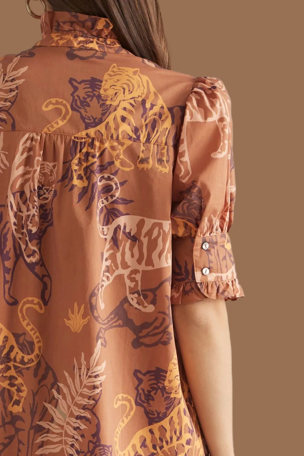 Tiger Patterned Ruffle Neck Mini Dress