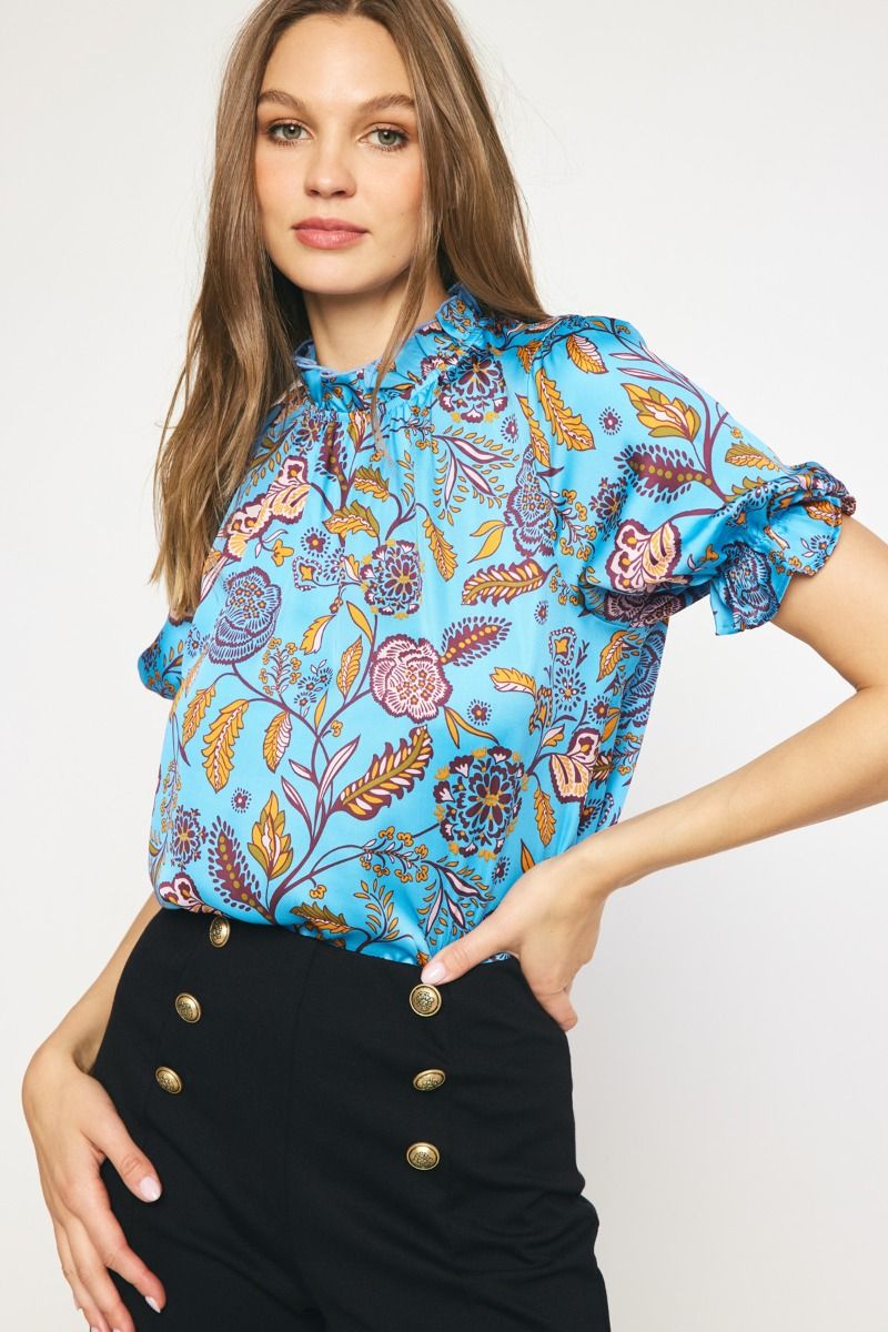 Blue/Gold Floral Print Top