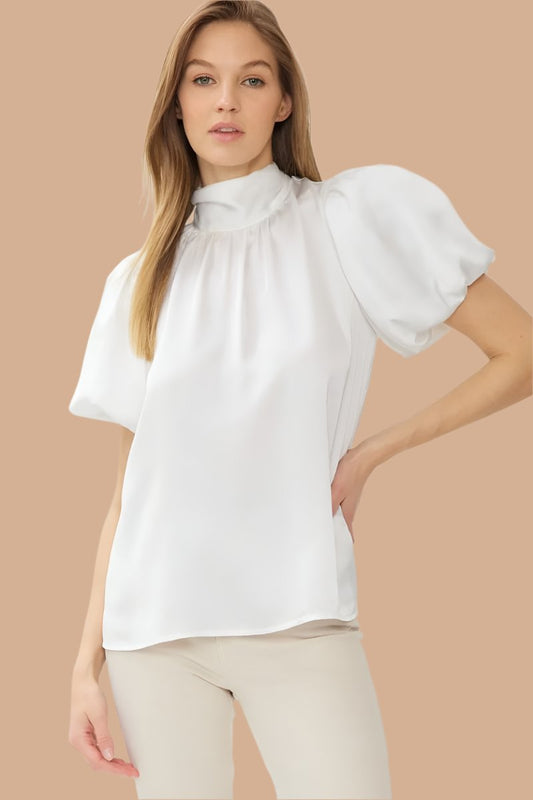 Off White Satin high neck puff sleeve top