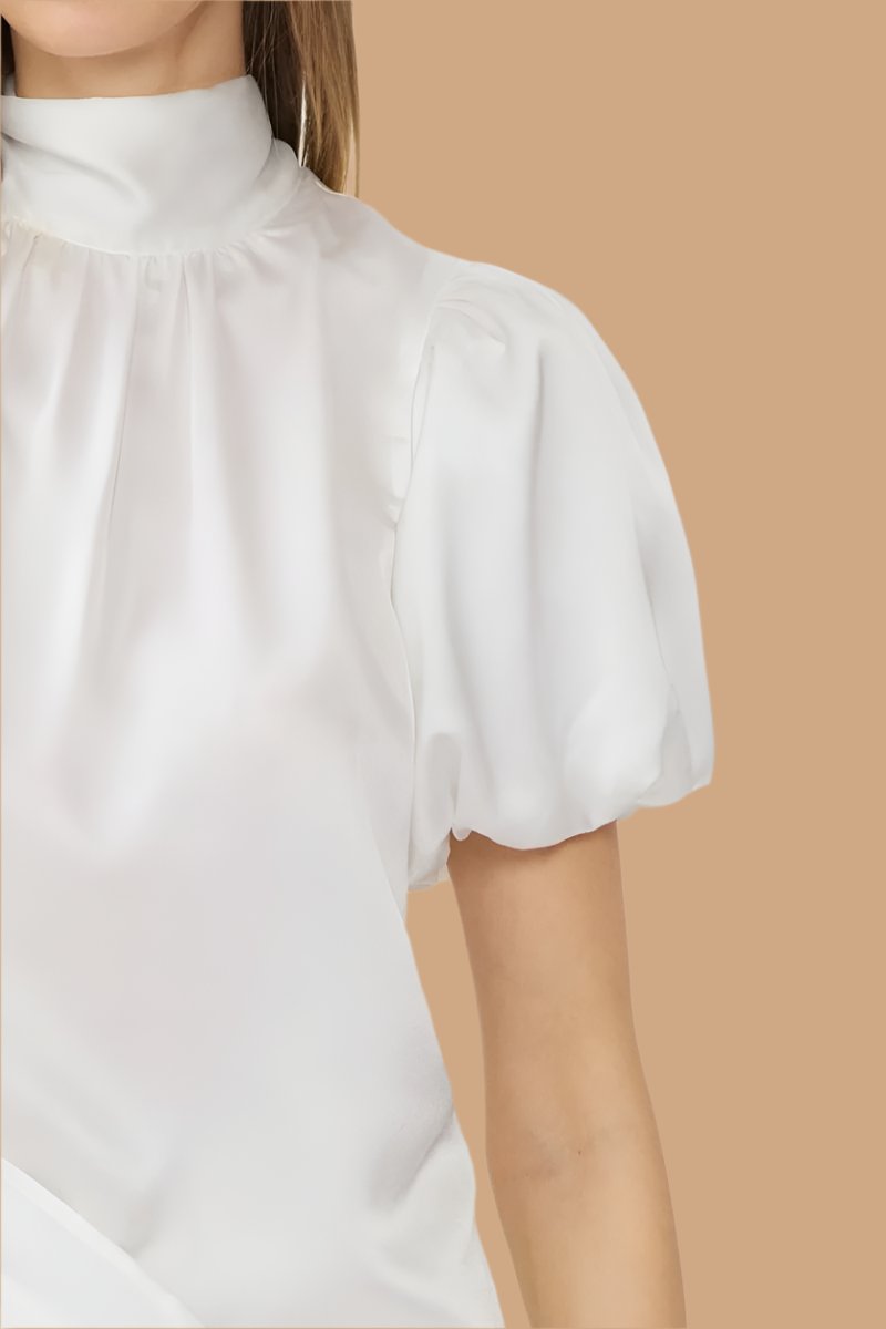 Off White Satin high neck puff sleeve top