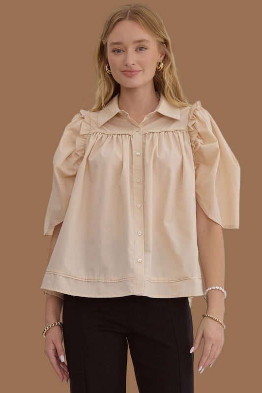 Natural Solid Button Up Half Top
