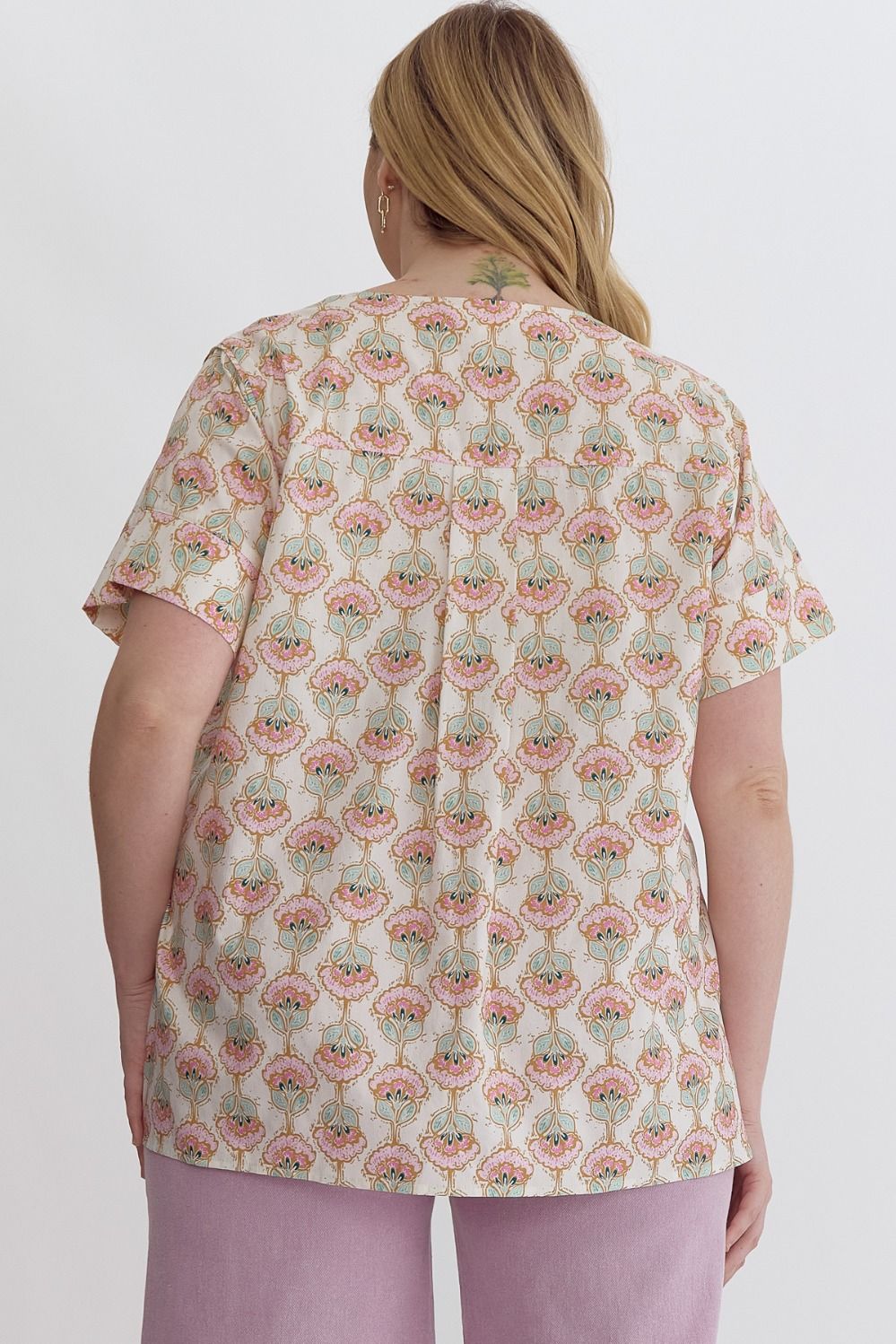 Cotton Print Short Sleeve V-Neck Top