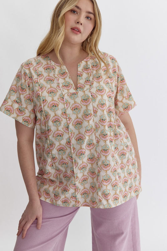 Cotton Print Short Sleeve V-Neck Top