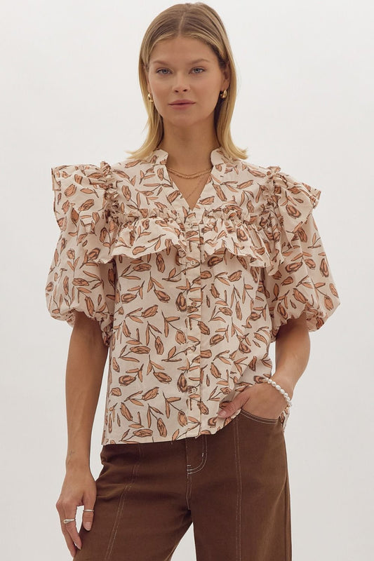 Ecru Floral Short Sleeve Ruffel Top