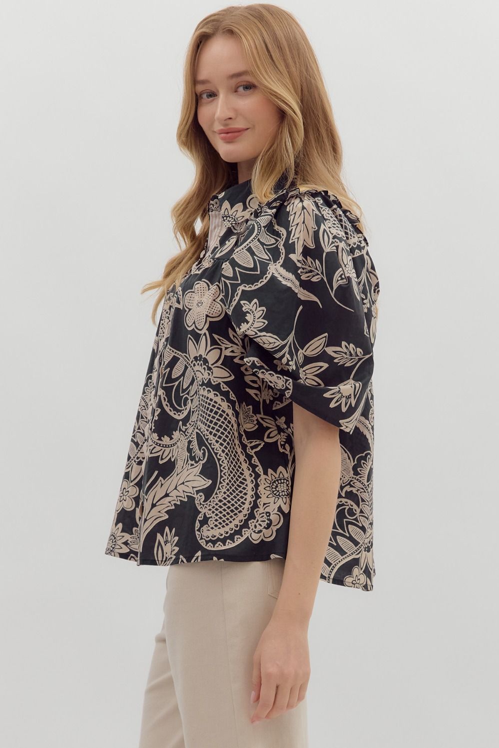 Black and Cream Paisley Patterned Top