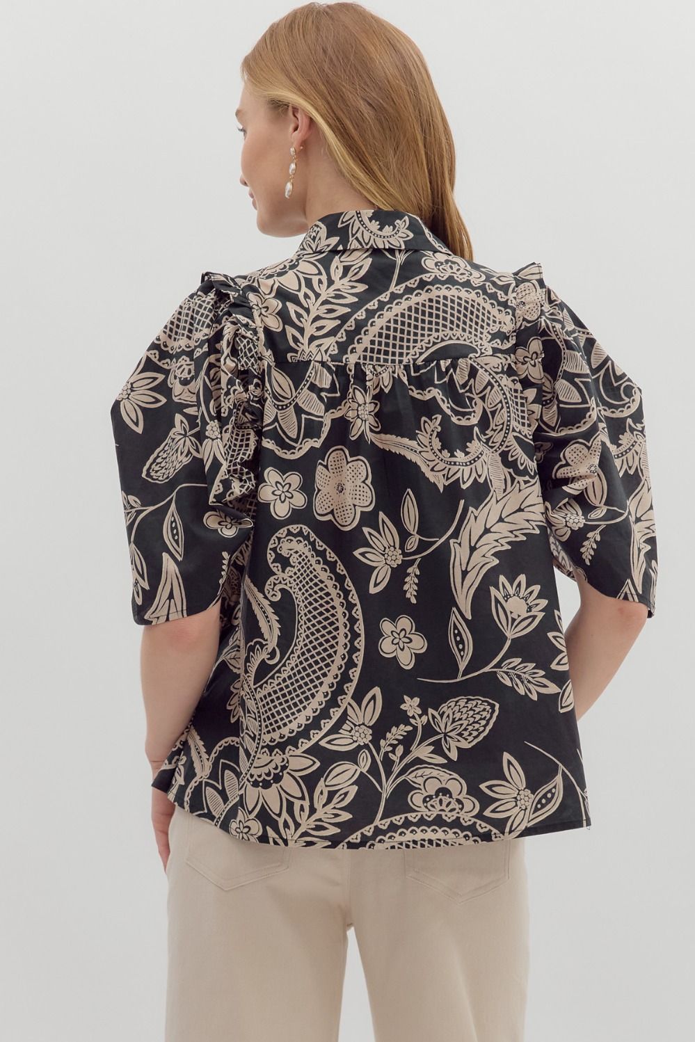 Black and Cream Paisley Patterned Top