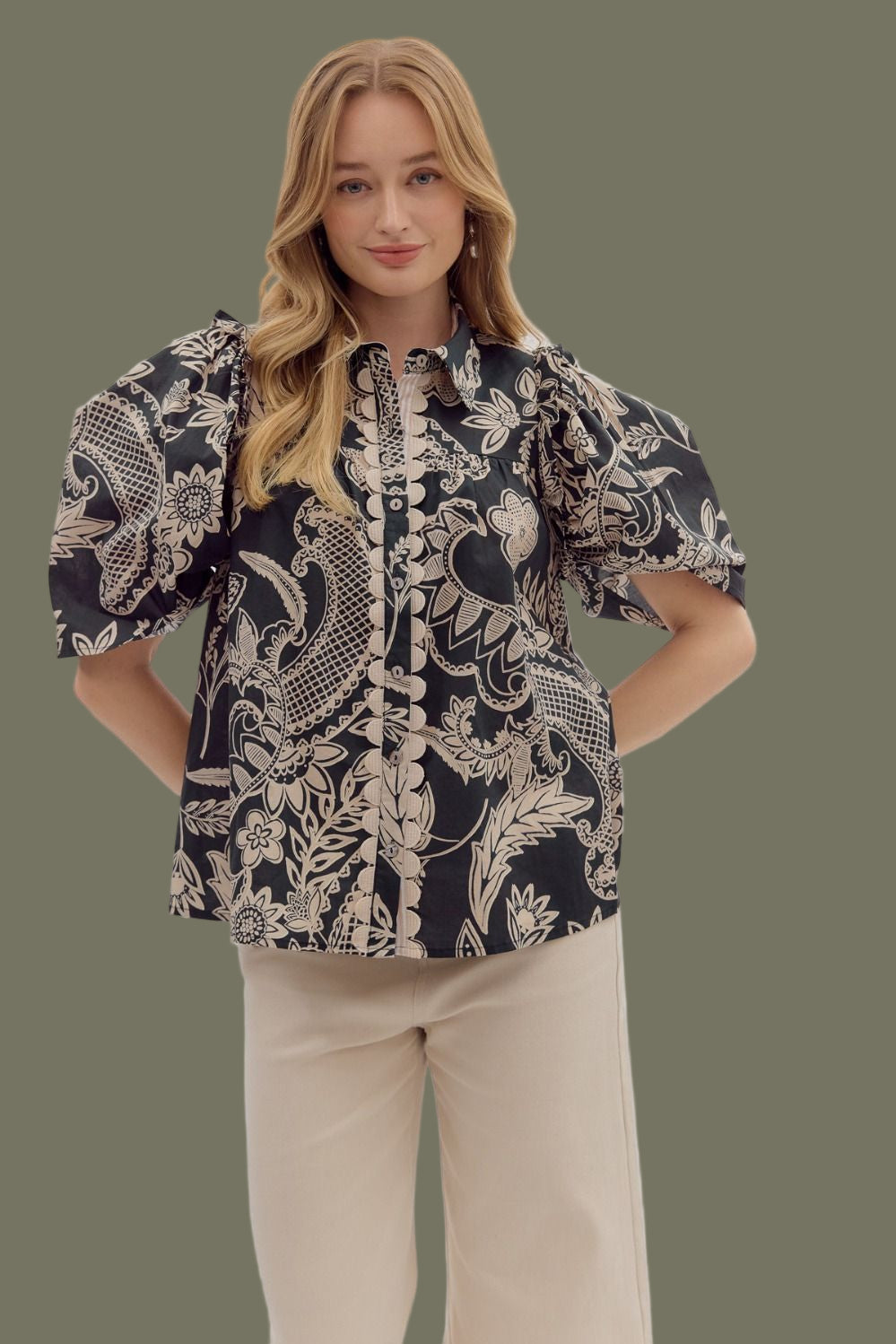 Black and Cream Paisley Patterned Top