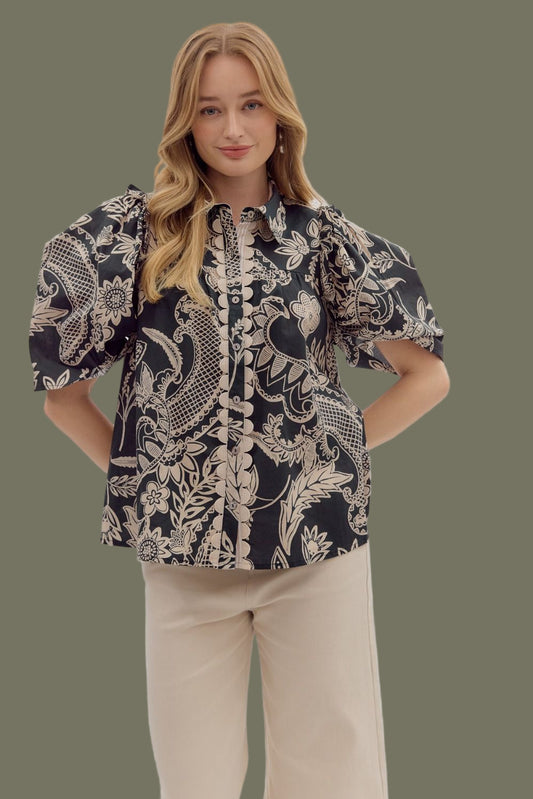 Black and Cream Paisley Patterned Top