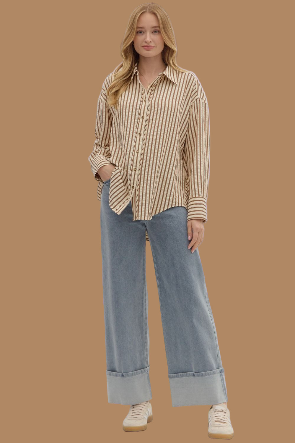Latte Striped Button Up Top