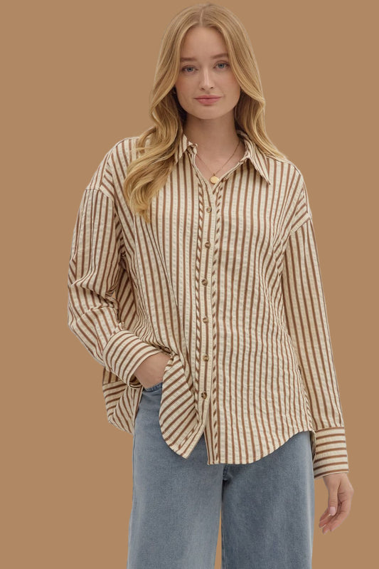 Latte Striped Button Up Top