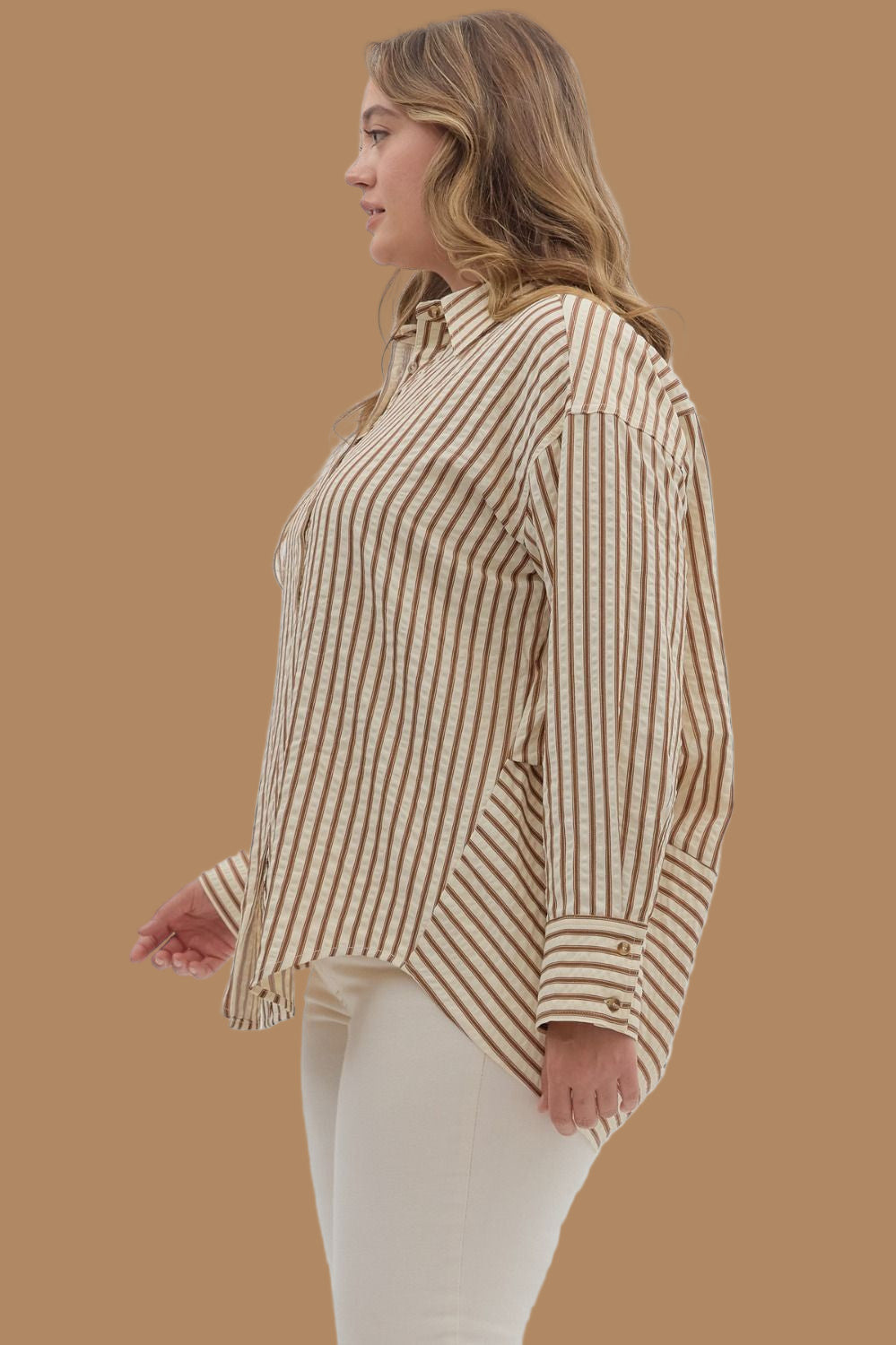 Latte Striped Button Up Top