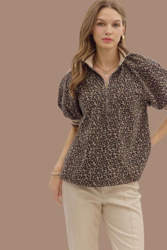 Mocha Leopard Half Zip Top