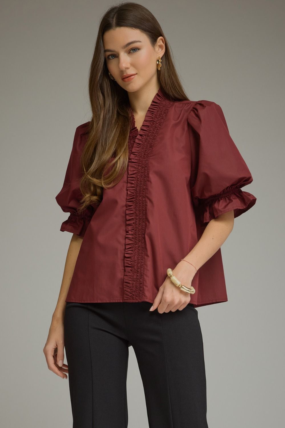 Wine Solid Puff Sleeve Top
