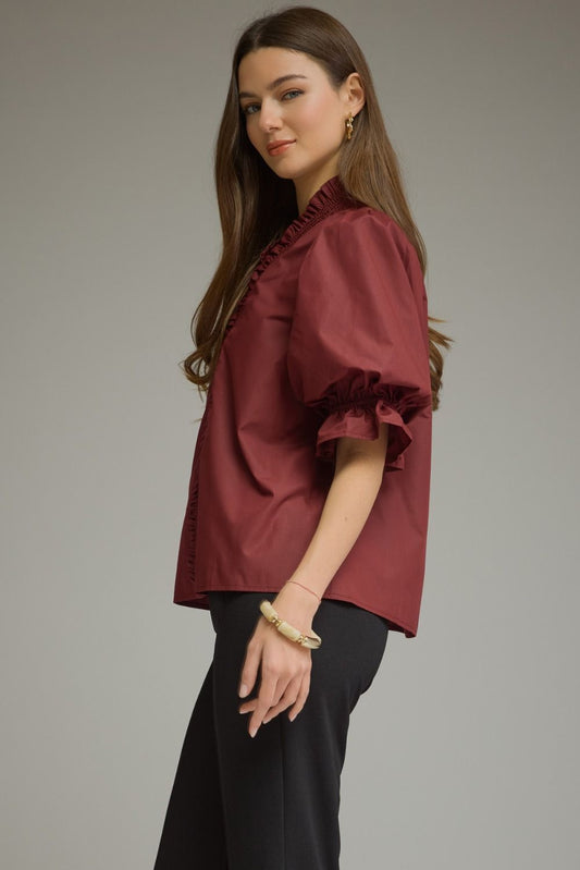 Wine Solid Puff Sleeve Top