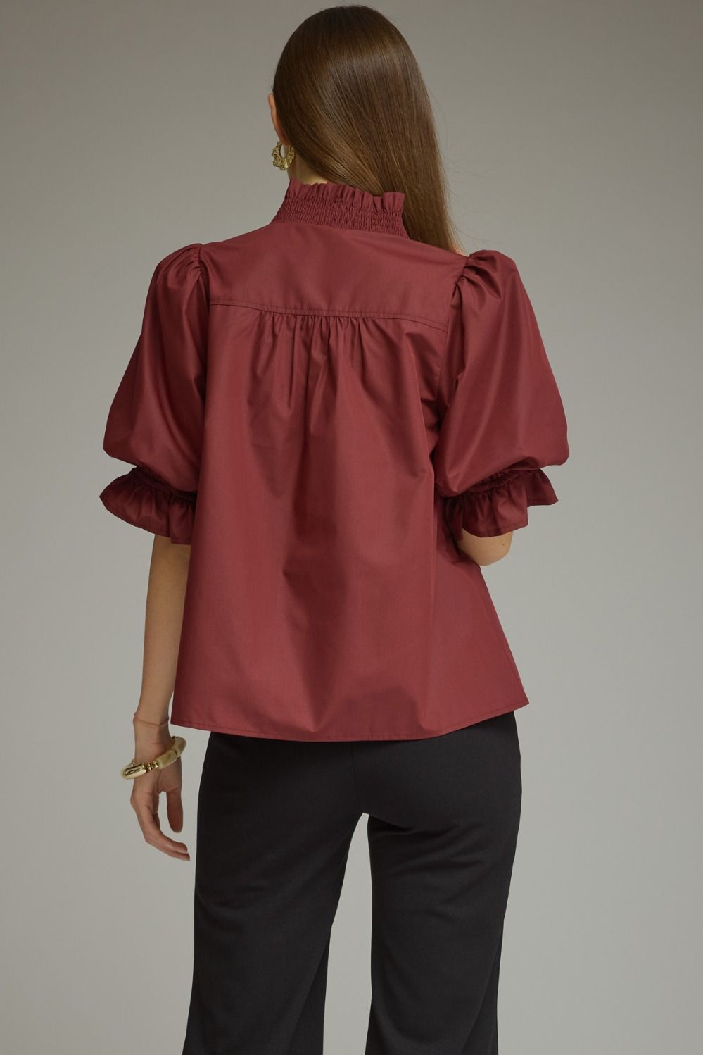 Wine Solid Puff Sleeve Top