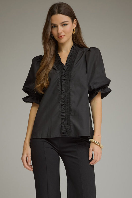 Black Solid Puff Sleeve Top