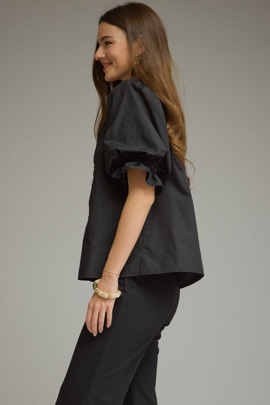 Black Solid Puff Sleeve Top