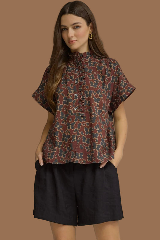 Wine Floral Print Ruffled Neckline