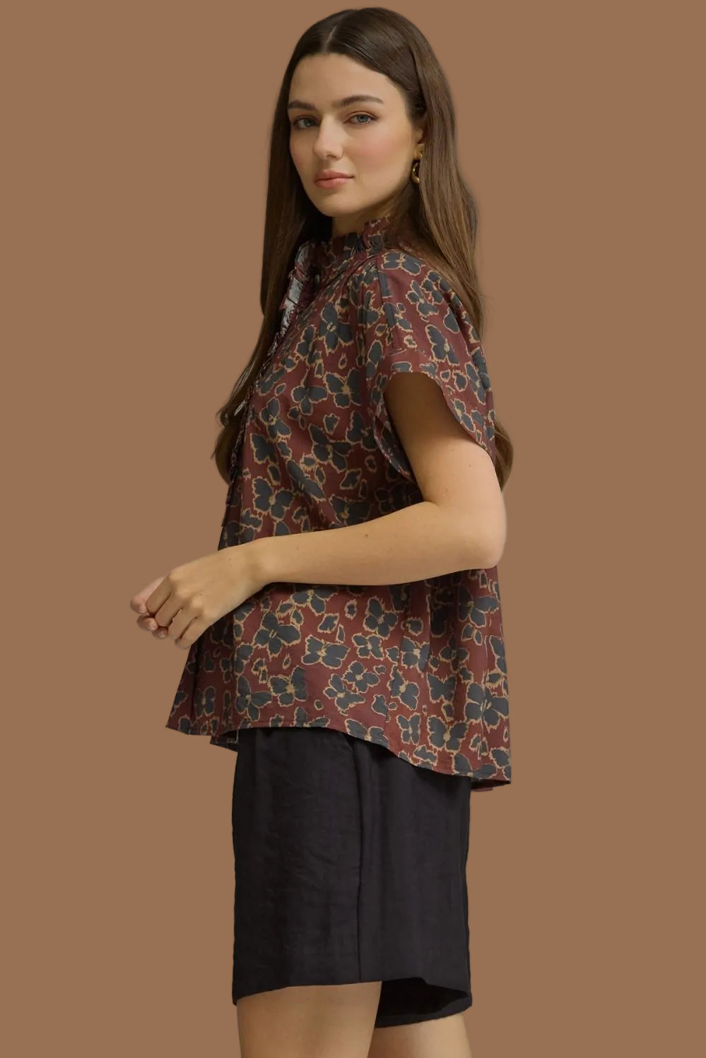 Wine Floral Print Ruffled Neckline