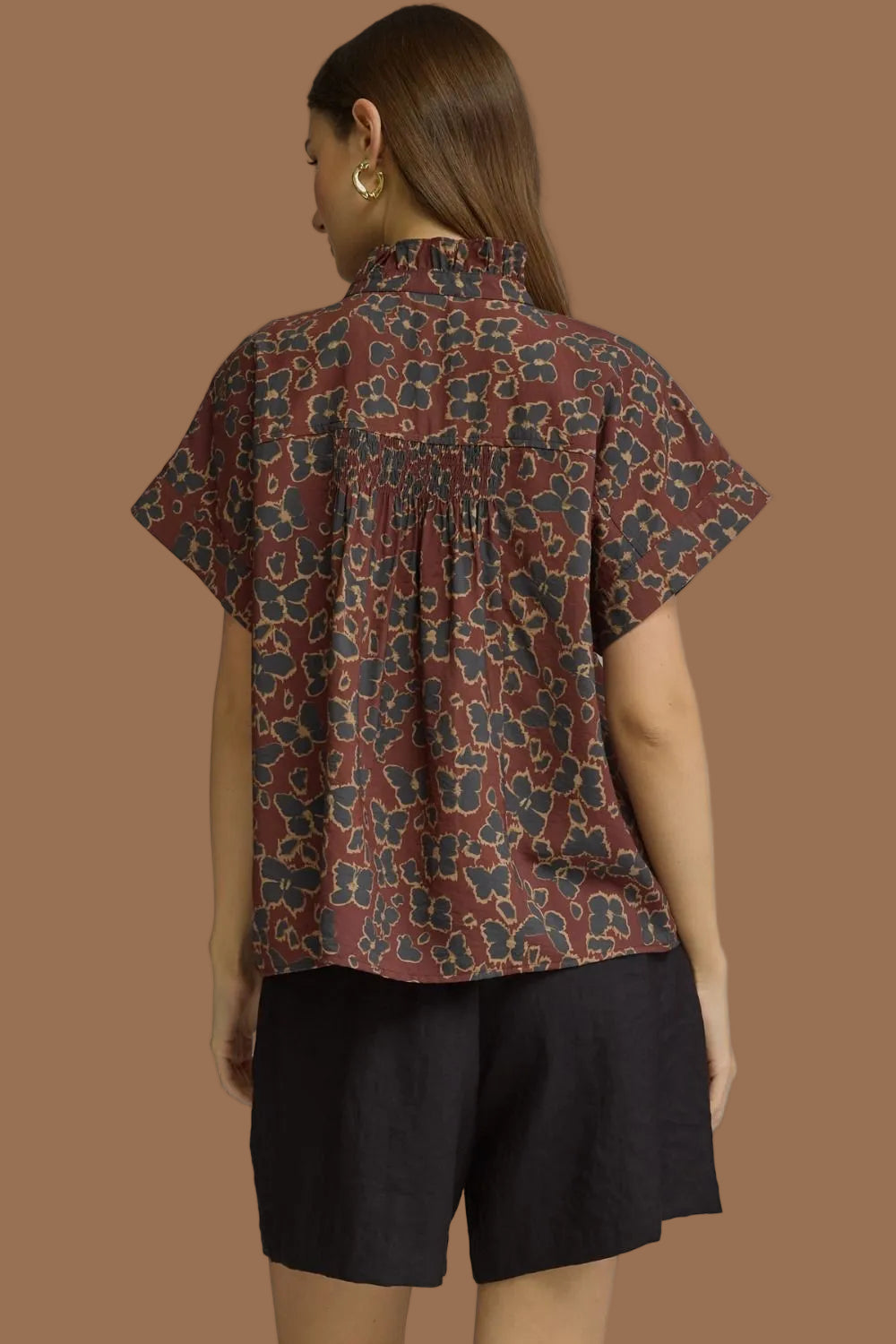Wine Floral Print Ruffled Neckline