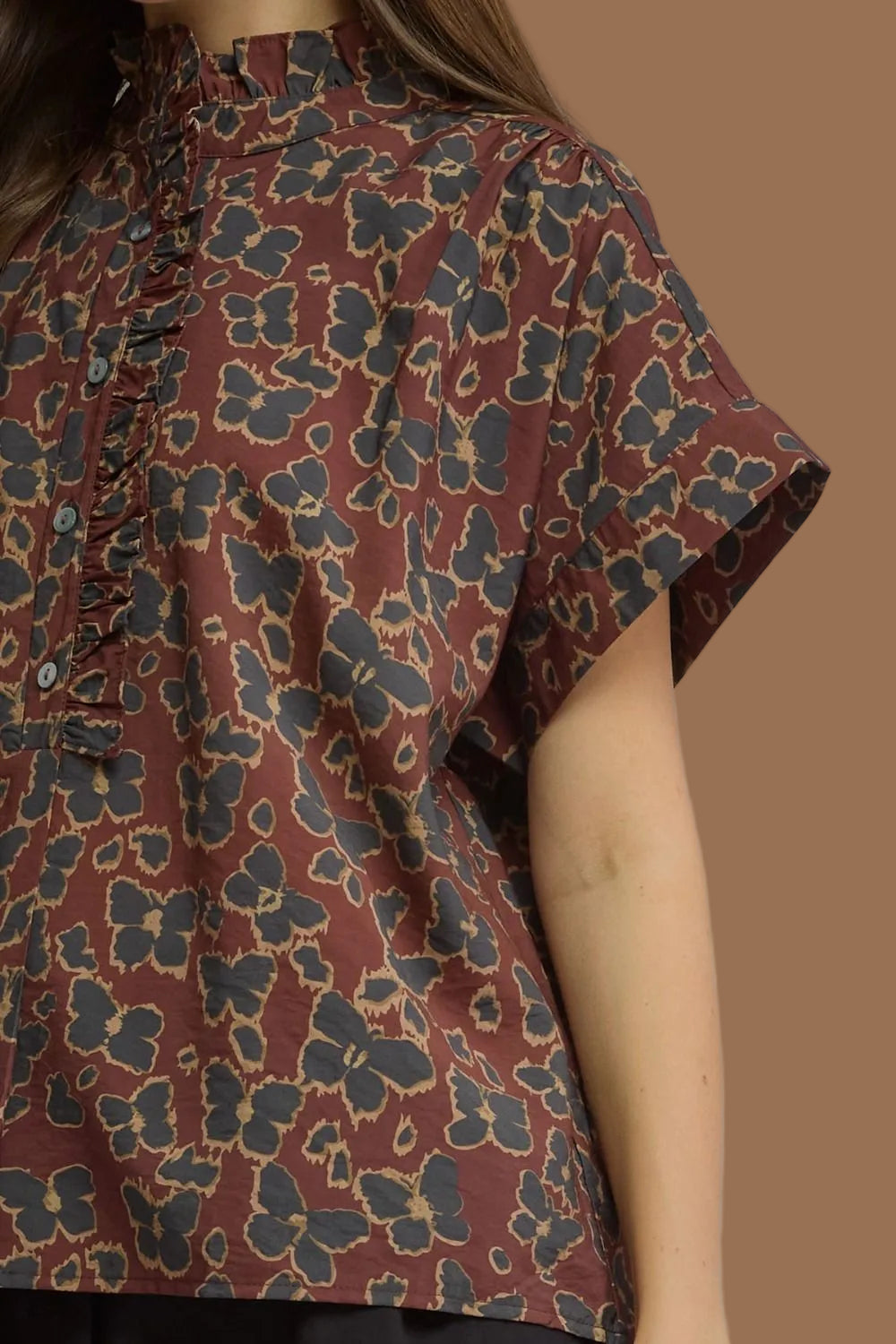 Wine Floral Print Ruffled Neckline