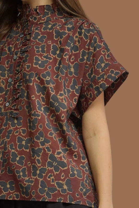 Wine Floral Print Ruffled Neckline