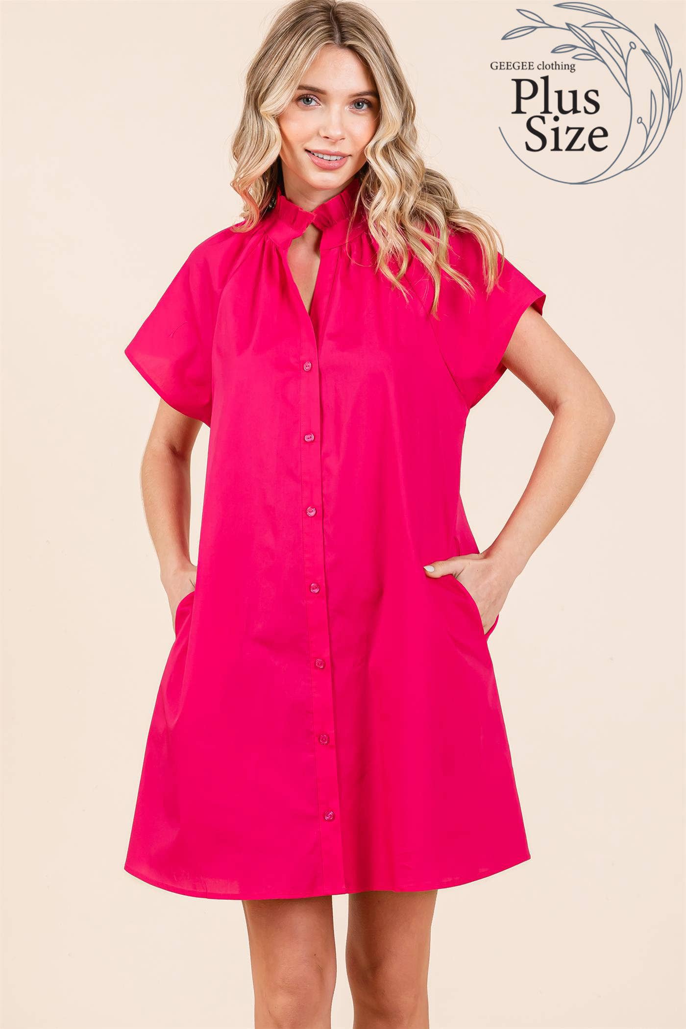Fuchsia Poplin Shirt Short Dress