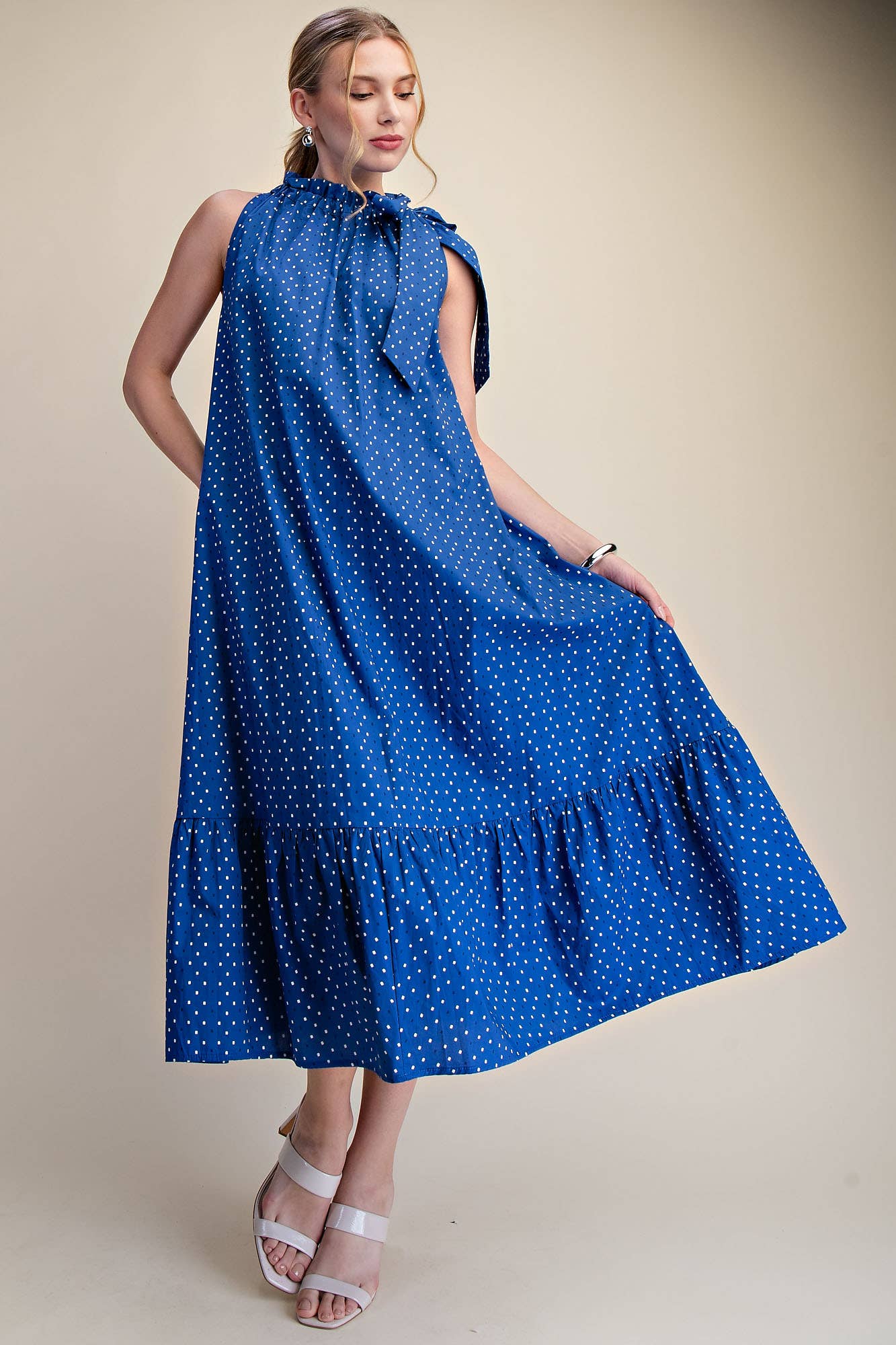 Royal Ruffle Neck Tie Sleeveless Dot Pattern Midi