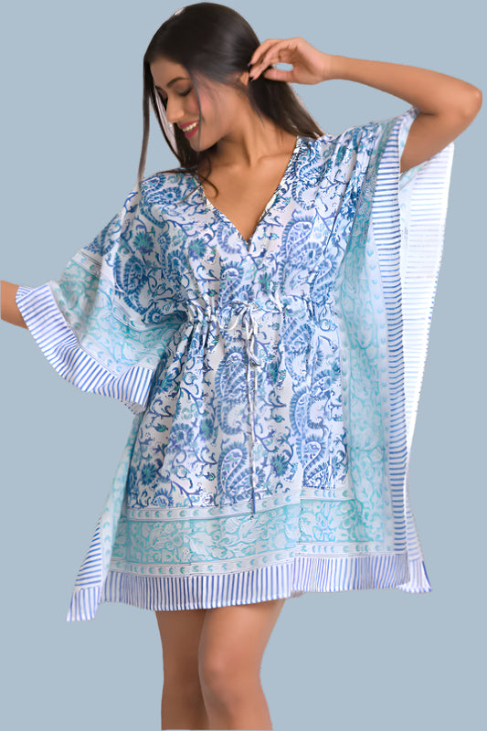 Sky Blue & Turquoise Block Printed Cover - Up