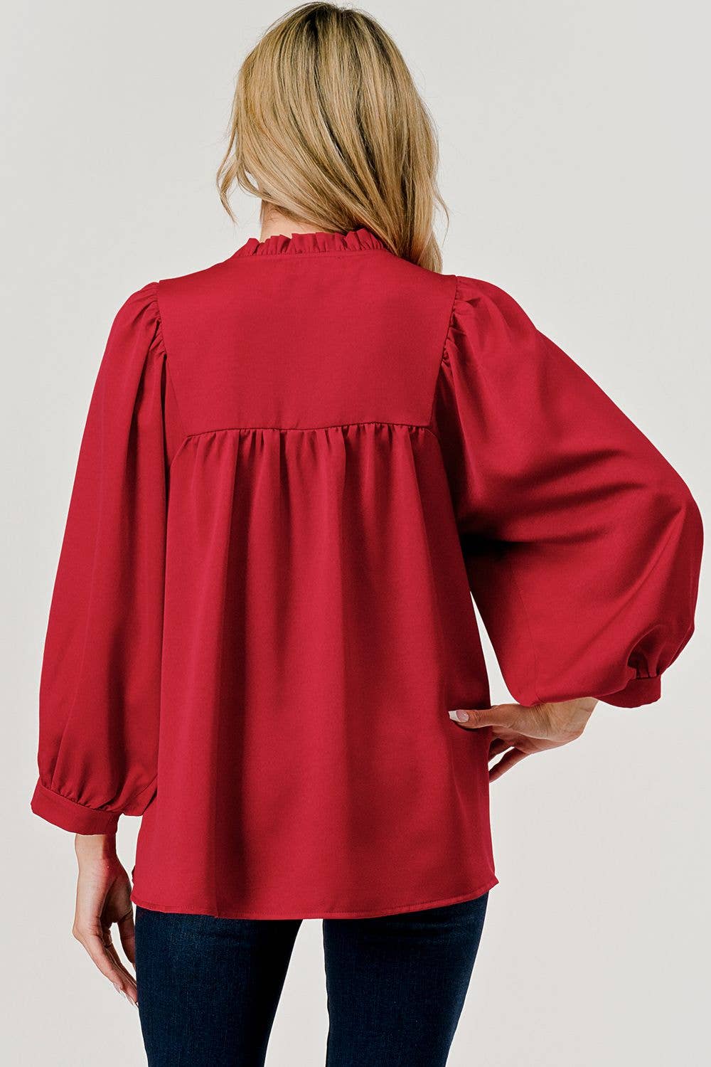Cranberry 3/4 Sleeve Ruffle Collar Top