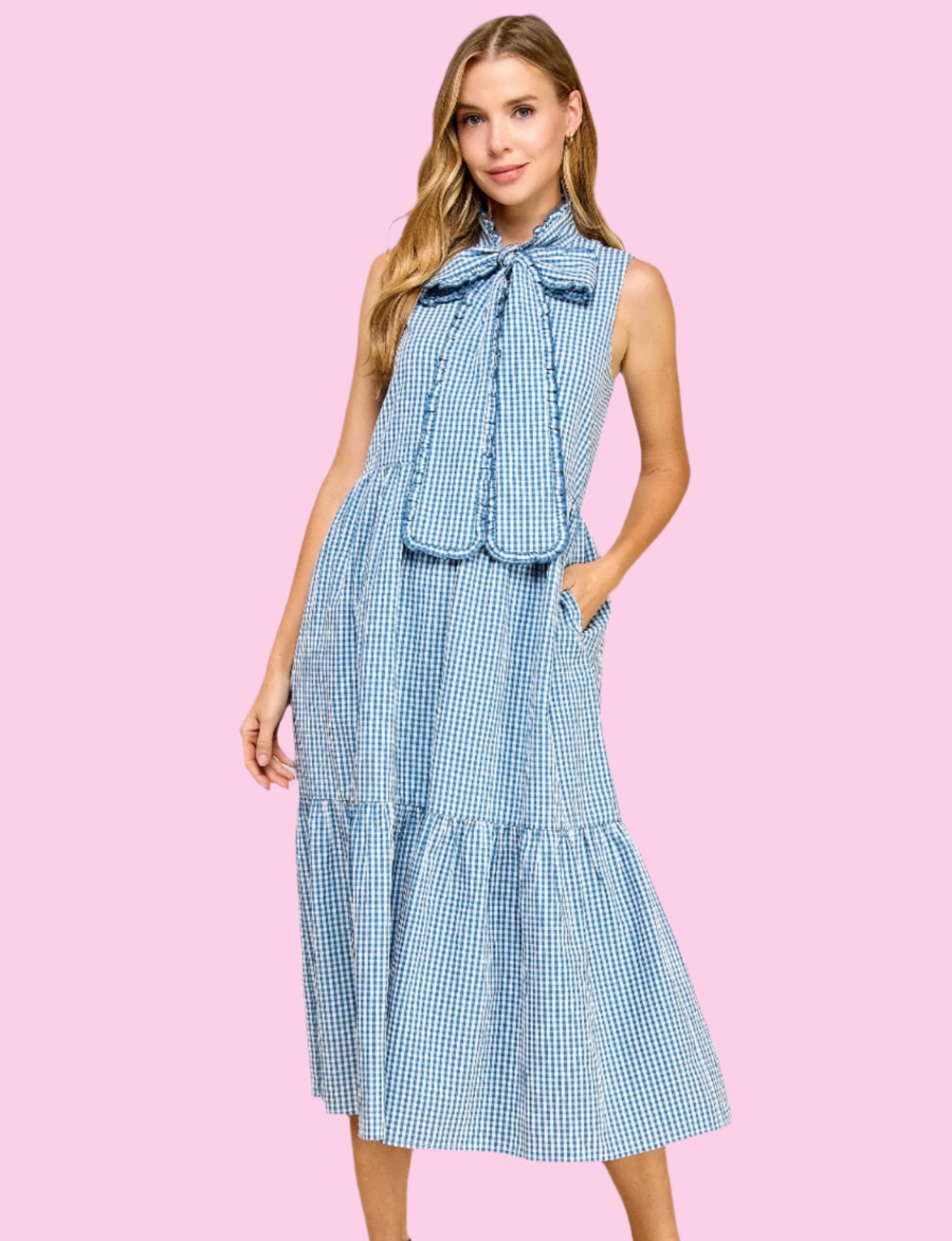 Blue Gingham Bow Midi Dress