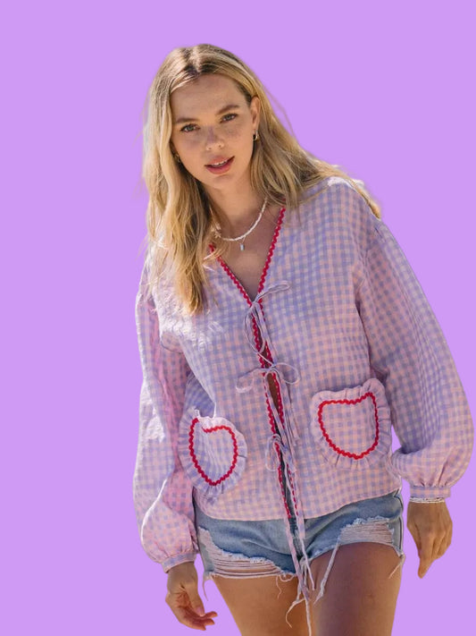 Lavender Gingham Front Tie Blouse