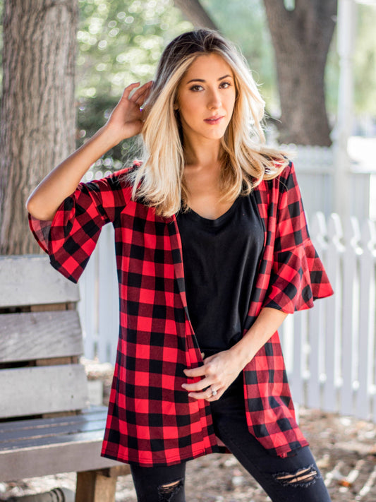 Red/Black Flare Sleeve Plaid Cardigan