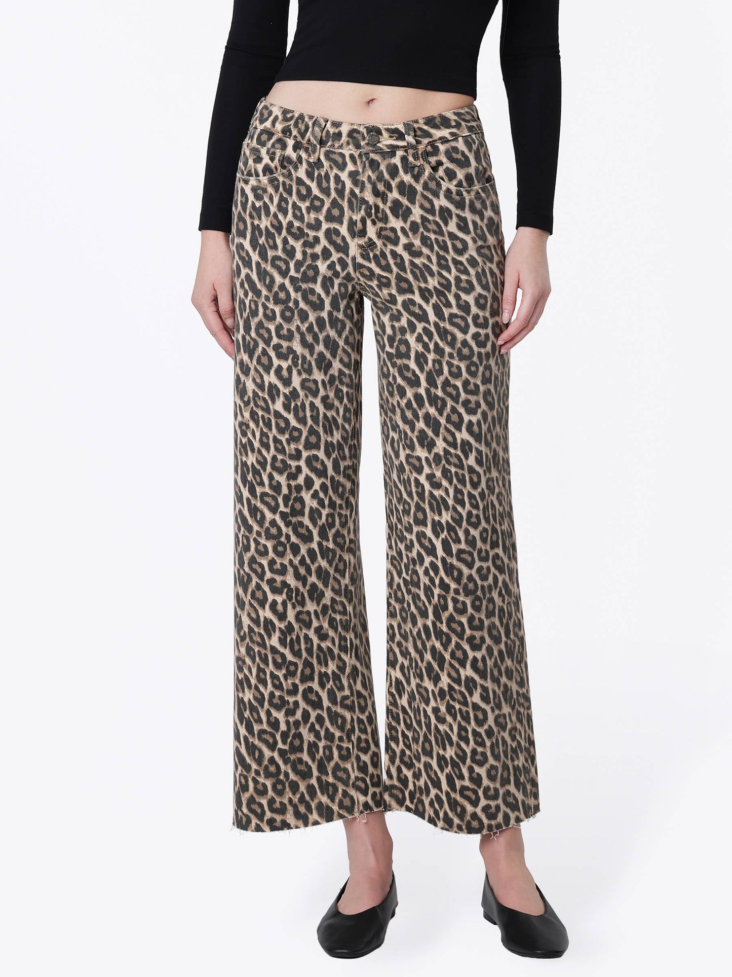 High Rise Animal Print Crop Wide Leg Jeans
