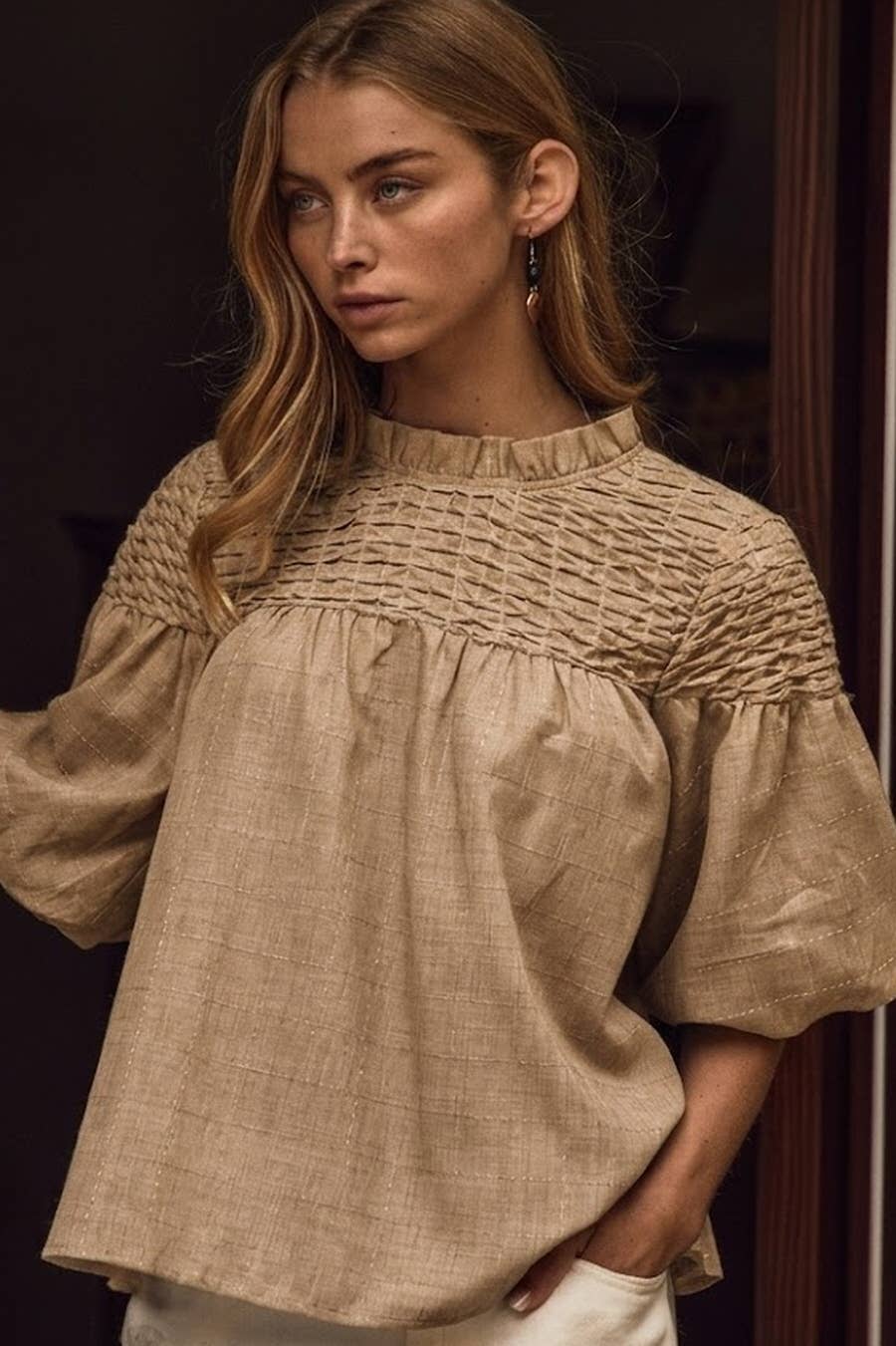 Mocha Woven Bubble Sleeve Blouse