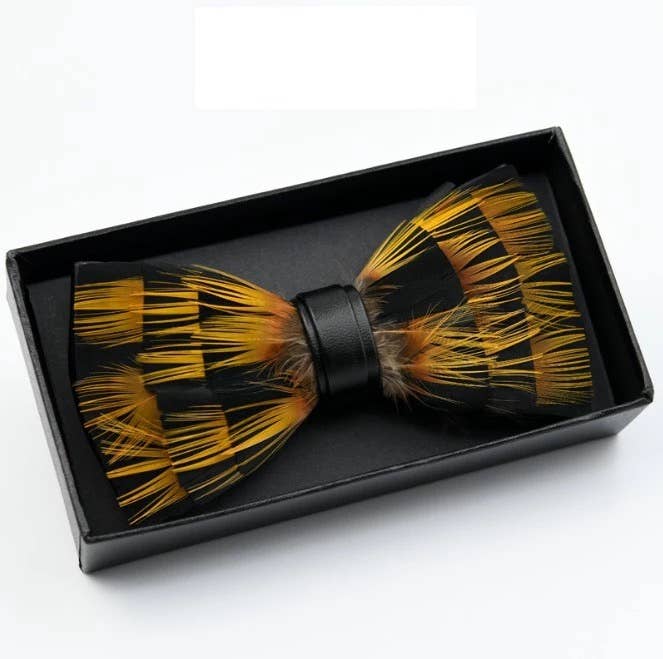 Handmade Black and Gold Feather Bowtie