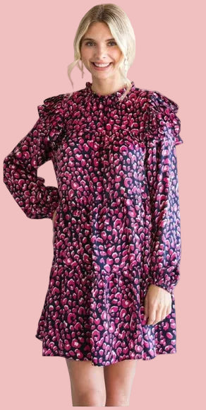 Midnight Blush Leopard Ruffle Dress