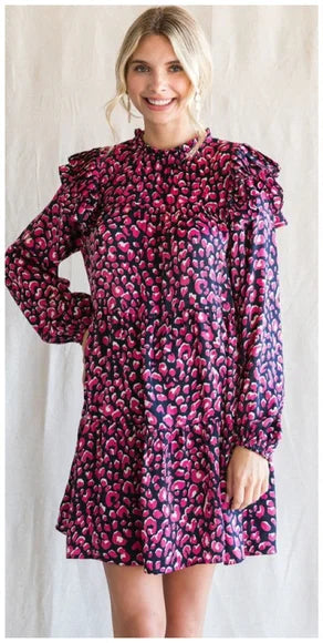Midnight Blush Leopard Ruffle Dress