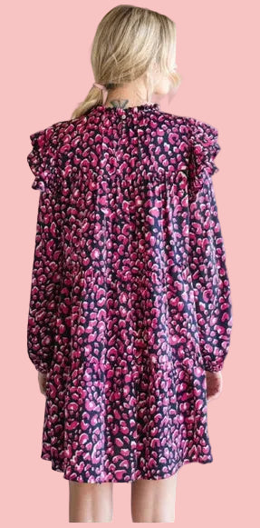 Midnight Blush Leopard Ruffle Dress