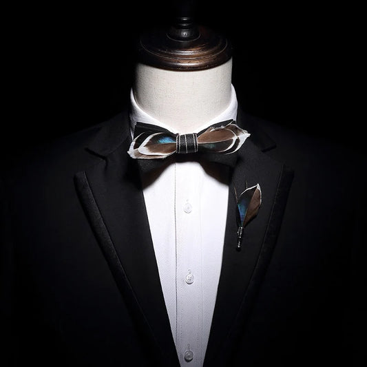 Handmade Navy Blue, Brown and White Feather Bow Tie