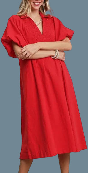 Red Smocked Front Midi Dress