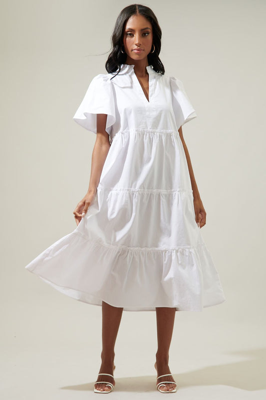 White Noelle Split Neck Poplin Tiered Midi